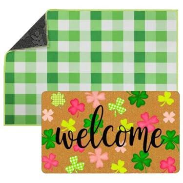 Imagem de Tinideya 2 capacho de boas-vindas do dia de São Patrício, 58 x 89 cm, tapete xadrez búfalo em camadas, trevo de quatro folhas, antiderrapante, colorido, para entrada, varanda, interior, exterior