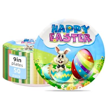 Imagem de Gudvilla Pratos de papel de Páscoa, resistentes, pratos de Páscoa, descartáveis, pratos de papel de 23 cm, para jantar, pratos de festa de Páscoa, decorações e suprimentos de festa de Páscoa (50