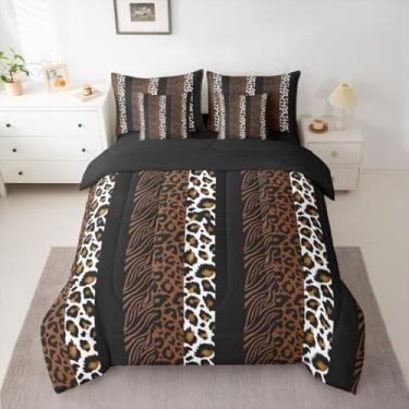 Imagem de Feelyou Conjunto de edredom Queen com listras de zebra, para crianças, meninos e meninas, estampa de leopardo, cama de zebra, pele de leopardo em uma bolsa, decoração de quarto de microfibra macia