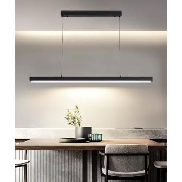 Imagem de Luminária pendente linear LED moderna, lustre de teto regulável, luminária pendente com altura ajustável para mesa de jantar, luminária de embutir preta para ilha de cozinha, para sala de ja