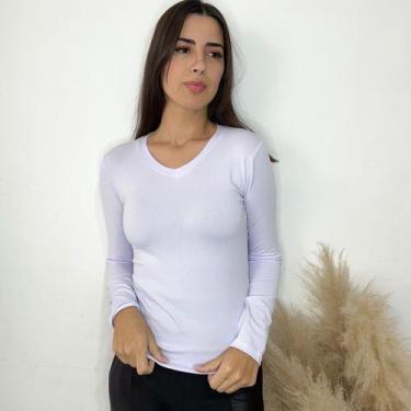 Imagem de Blusa de frio Feminina Gola V Manga Longa casual, inverno - GK, Branco