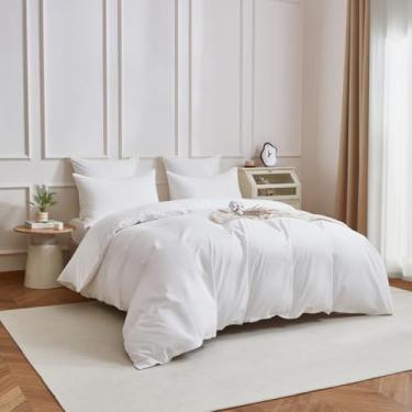 Imagem de YASMENG Jogo de edredom 100% algodão, branco, luxuoso, macio, sedoso, cetim, 400 fios, algodão orgânico, durável, qualidade hoteleira, conjunto de cama (3 peças, sem edredom)