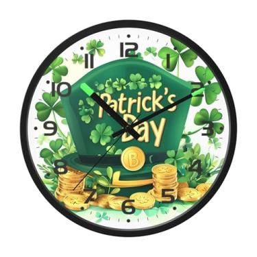 Imagem de SEHANY Relógio de parede Green Clover, silencioso, sem tique-taque, relógio redondo operado por bateria, controle de som, luz noturna, relógios de parede para sala de estar, cozinha, quarto