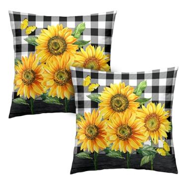 Imagem de Kwlegh Capas de almofada primavera verão girassol 20 x 20 pacote com 2 fronhas decorativas preto búfalo xadrez algodão mistura capa de almofada para sala de estar sofá sofá