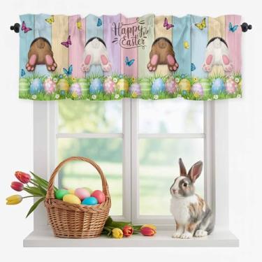 Imagem de Zadaling Cortinas de Páscoa para Janelas Ovos de Páscoa Felizes Cortinas de Cozinha para Decoração de Primavera Flores de Coelhinho Borboleta Janela Tratamento Topper Cortina para Sala de Estar 137 x