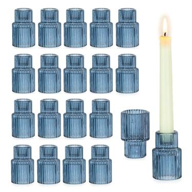 Imagem de Glasseam Decoração de castiçal: conjunto de 20 castiçais de vidro com nervuras azuis modernos castiçais afunilados a granel para mesa de centro de mesa, decorações de casamento, jantares, decoração de