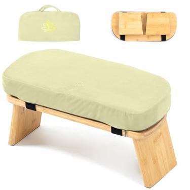 Imagem de Estleys Banco de meditação, banco de meditação de bambu, banco dobrável para meditação de joelhos, banco de oração Seiza, banco de oração com almofada de meditação, banco de joelhos (bolsa bege)
