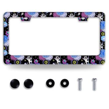 Imagem de Moldura de placa de licença de astronauta engraçada aço inoxidável universo desenho animado placa de carro peças decorativas personalizadas para veículos padrão dos EUA Canadá 12,3 x 6,3 polegadas