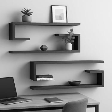 Imagem de Kit de Nichos Jota Minimalista para Parede | Prateleira Decorativa para Sala e Escritório | Nicho Decorativo Moderno(4 Unidades,60x20x20 Mdf Preto)