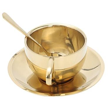 Imagem de Caneca de café de aço inoxidável com pires e conjunto de colher, xícara de cappuccino com pires, caneca de café de aço inoxidável para dose dupla, café com leite, café mocha, chá (prata) (Color : Gol