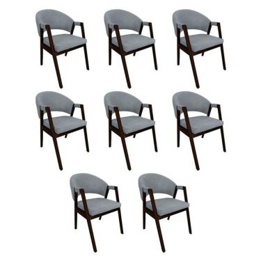 Imagem de Kit 8 Cadeiras De Jantar Madeira Maciça Helen Impermeável Castanho Cinza Linho
