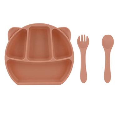 Imagem de CUOFYUNL Prato para bebê de silicone dividido com 3 compartimentos Tigela para crianças com garfo e colher para jantar (Marrom)