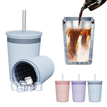 Imagem de Molde cilíndrico para cubos de gelo, balde de gelo de silicone, copo multiuso com tampa e canudo, copo de aço inoxidável embutido (1, azul)