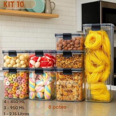 Imagem de Kit Pote Hermético Organizador de Mantimentos e Temperos para Cozinha, Armário e Geladeira Slim Transparente com Tampa Vedada (KIT 10-8 POTES SLIM)
