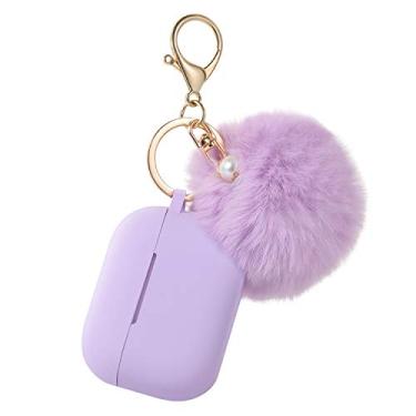 Imagem de Capa protetora para Airpods Pro Charging, capa de silicone para Air Pods atualizada com kit de chaveiro de pompom de bola fofa macia (A, roxa)