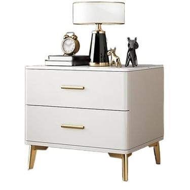 Imagem de Mesa de cabeceira moderna com painel de rocha assada simples e grande capacidade para quarto, armazenamento de cor sólida, móveis de cabeceira de madeira, prático (branco, pequeno)