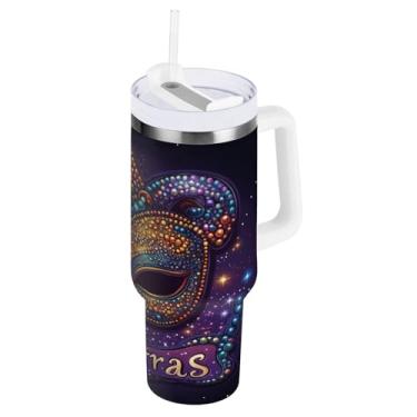 Imagem de Blueangle Copo isolado de máscara colorida de carnaval de 1,134 g com alça e tampa de palha, caneca de viagem reutilizável de aço inoxidável (143)