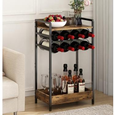 Imagem de Suporte de Vinho de 3 Níveis, com Rack para 8 Garrafas de Vinho, Adega Porta Vinhos Compacto, Porta Garrafa Vinho, Armário de Bar de Chão Independente, Marrom