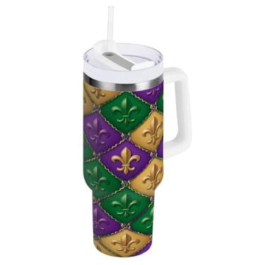 Imagem de Blueangle Copo isolado para Mardi Gras de 1,134 g com alça e tampa de palha, caneca de viagem reutilizável de aço inoxidável (488)