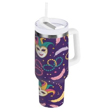 Imagem de Blueangle Copo térmico de penas carnaval de 1,134 g com alça e tampa de palha, caneca de viagem reutilizável de aço inoxidável (635)