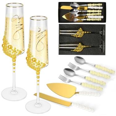 Imagem de Conjunto de 8 peças de facas de bolo de casamento e taças de champanhe, taças de champanhe Sr. e Sra. com 2 garfos e colheres, taças de champanhe para noiva e noivo para presentes de casamento
