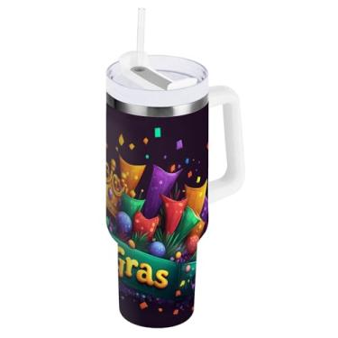Imagem de Blueangle Copo isolado com coroa de carnaval de 1,134 g com alça e tampa de palha, caneca de viagem reutilizável de aço inoxidável (233)