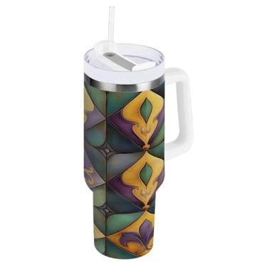 Imagem de Blueangle Copo isolado para Mardi Gras de 1,134 g com alça e tampa de palha, caneca de viagem reutilizável de aço inoxidável (86)