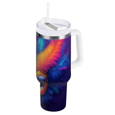 Imagem de Blueangle Copo isolado de máscara colorida de carnaval de 1,134 g com alça e tampa de palha, caneca de viagem reutilizável de aço inoxidável (191)