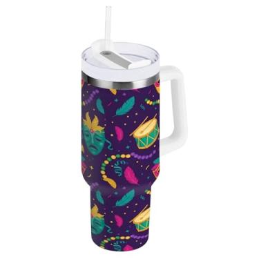 Imagem de Blueangle Copo isolado de máscara de carnaval de 1,134 g com alça e tampa de palha, caneca de viagem reutilizável de aço inoxidável (689)