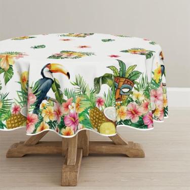 Imagem de Horaldaily Toalha de mesa redonda de verão, 228 cm x 234 cm, papagaio tropical, lavável, toalha de mesa sazonal para decoração de festa, piquenique, jantar