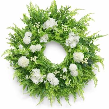 Imagem de Guirlandas de primavera para porta da frente, guirlandas florais artificiais de 61 cm com hortênsia, eucalipto, samambaias e frutas silvestres de Boston, para casa de fazenda, janela, varanda e