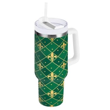 Imagem de Blueangle Copo isolado Mardi Gras Argyle de 850 g com alça e tampa de palha, caneca de viagem reutilizável de aço inoxidável (516)