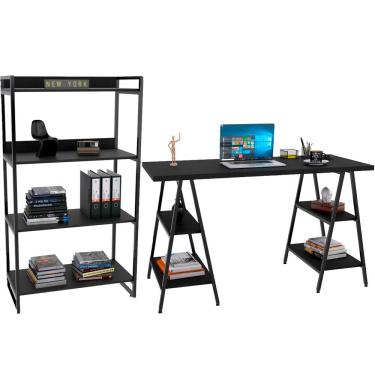 Imagem de Kit Mesa Cavalete 150cm com Estante 4 Prateleiras Estilo Industrial Form C01 Preto Onix - Lyam Decor