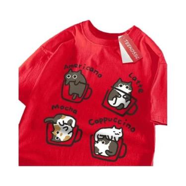 Imagem de Camiseta Masculina De Algodão Com Estampa De Gato Estilo Americano, Ca