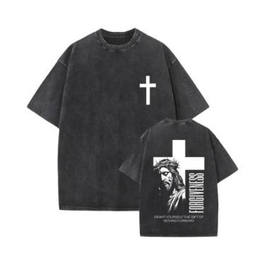 Imagem de Camiseta Oversized Vintage Lavada Com Estampa Gótica Rock Jesus Forgiv