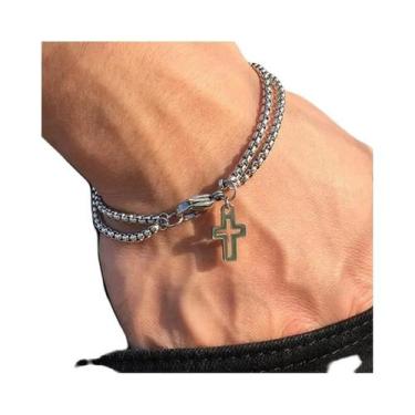 Imagem de Pulseira Masculina De Aço Inoxidável Com Corrente Dupla E Cruz Vazada,