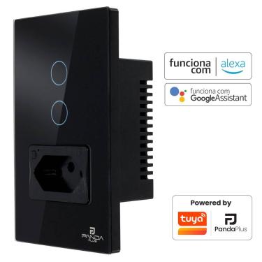 Imagem de Interruptor Inteligente Wi-fi 2 Botões Touch 1 Tomada 16A Bivolt Smartlife Tuya Panda Plus Alexa Google Comando Voz