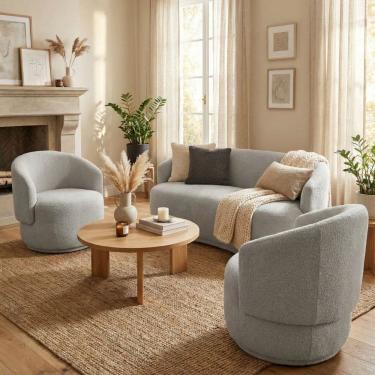 Imagem de Kit 02 Poltronas + Namoradeira Decorativa Sala Estar Orgânica Beatriz Boucle Cinza Claro - Montanaris Decor