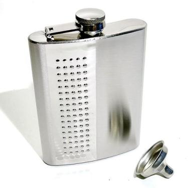 Imagem de Cantil de Bolso Decorado em Inox + Funil, 230ml ideal para Cachaça, Wi