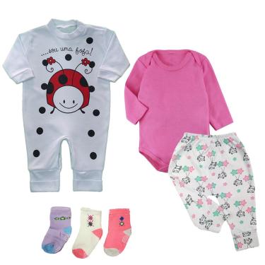 Imagem de Kit Bebê 6 Pçs Body Mijão Macacão Longo e Meias 100% Algodão