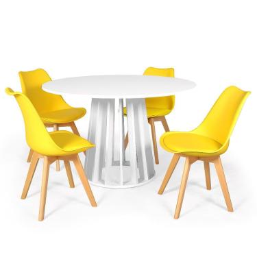 Imagem de Conjunto Mesa de Jantar Redonda Talia Branca 120cm com 4 Cadeiras Eiffel Leda - Amarelo