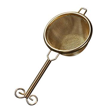 Imagem de UPTALY Coador de chá de aço inoxidável 18/10 (cabo longo dourado, pequeno filtro de cesta), filtra o ralo de chá para o conjunto de chá Kung Fu, mini-peneira de farinha, coadores de malha de infusor de chá, com alças duplas
