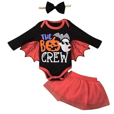 Imagem de Macacão infantil infantil infantil com letras de Halloween manga comprida macacão malha tule roupas para meninas tamanho 8-10 (vermelho, 6-12 meses)
