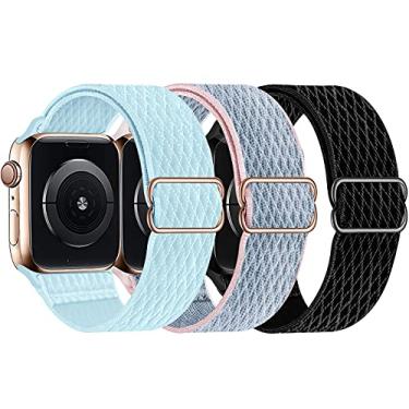 Imagem de Swhatty Pulseiras de nylon elástico compatíveis com Apple Watch séries 3/44 mm/45 mm/46 mm/49 mm, elástica esportiva trançada ajustável para Apple Watch Series 10-1 SE Ultra 1 2, pacote com 3