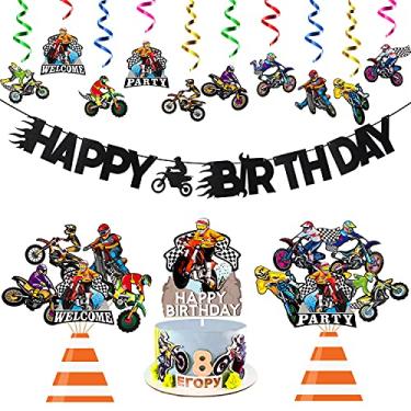 Imagem de Kit de decoração de festa de bicicleta suja, 42 peças, para festa de motocross, espirais para pendurar em festas, esportes radicais, corrida, festa de aniversário, topo de bolo e centros de mesa para homens ou meninos