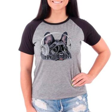Imagem de Camiseta Raglan Buldog Francês Pet Dog Cinza Preto Fem02 - Design Cami