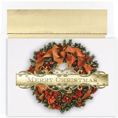 Imagem de Masterpiece Studios Holiday Classic Collection Cartões de Natal em caixa com 16 unidades com envelopes revestidos de alumínio, 19,8 cm x 14,2 cm, guirlanda de Natal em relevo (847900)