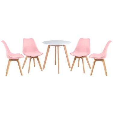 Imagem de Loft7, Kit - Mesa redonda 70 cm branco + 4 cadeiras Leda rosa claro