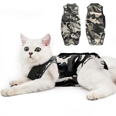 Imagem de DOTON Terno de recuperação de gatos para homens e mulheres pós-cirurgia pós-cirurgia camisa body cone macio roupas neutro lambendo fraldas protetoras capa de roupa coleira de gatinho Spay (P, camuflagem)