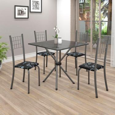 Imagem de Conjunto de Mesa Tubular 70x70cm Tampo em Ardósia com 4 Cadeiras Dany Soma Móveis Preto Floral / Mart Prata